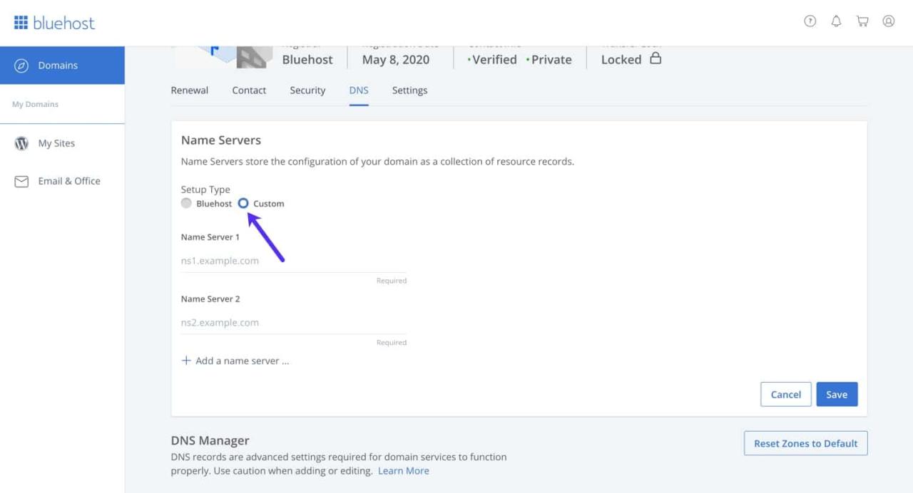 Bluehost nameservers chemicloud domain